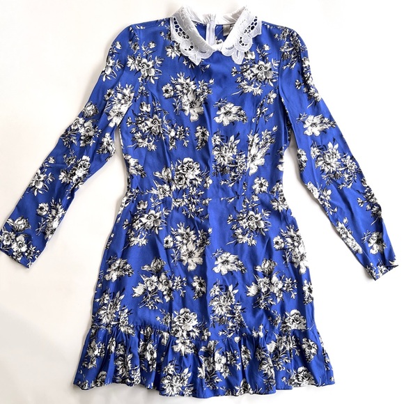 ✨NWT✨ ASOS FLORAL MINI DRESS LACE COLLAR LONGSLEEVE BLUE WHITE BLACK SIZE 6 - Picture 12 of 13